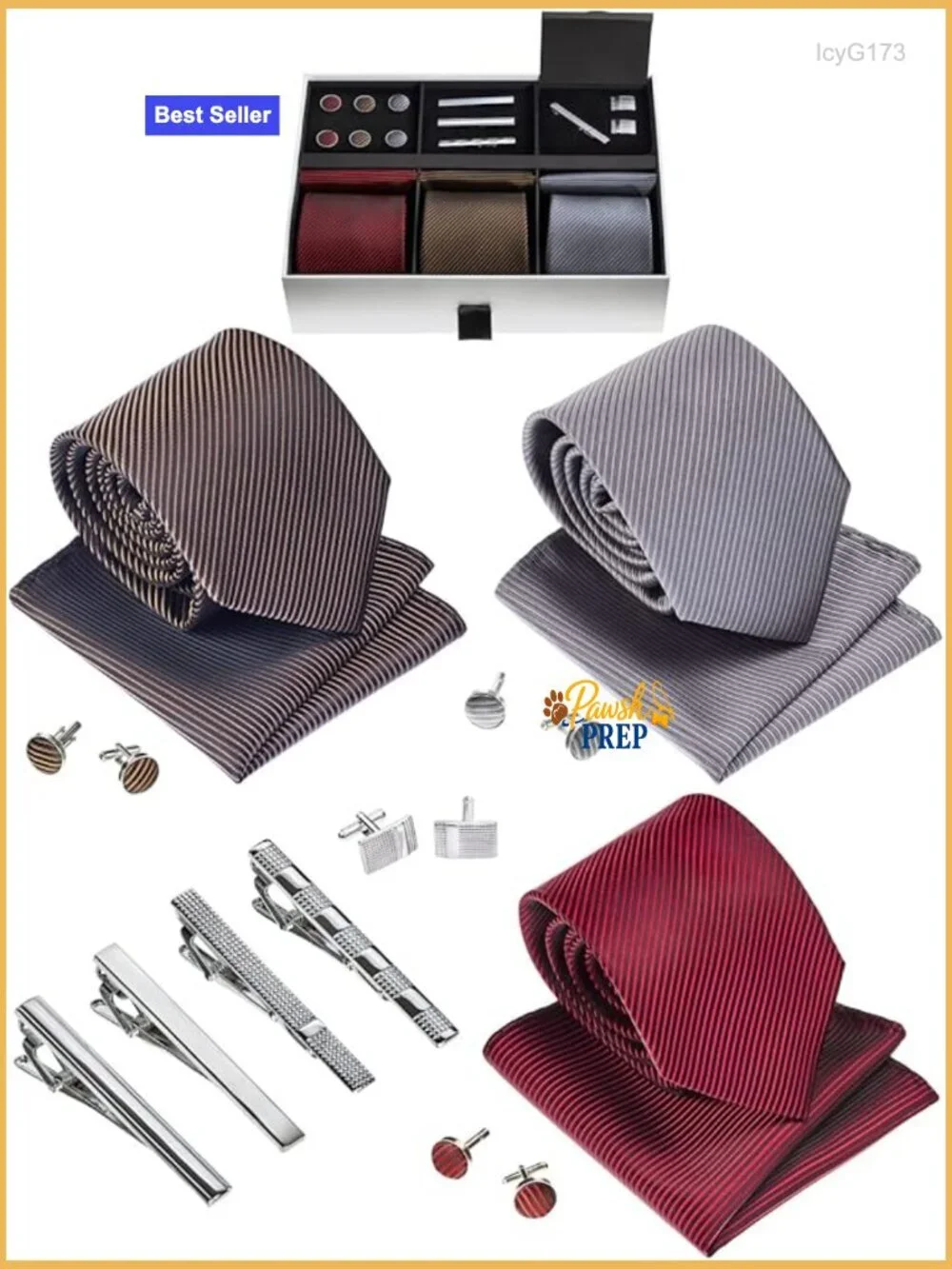Premium Men's Tie Set with Pocket Squares, Cufflinks & Tie Clips